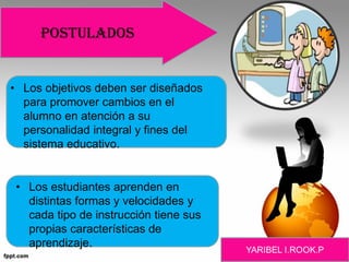 • Los objetivos deben ser diseñados
para promover cambios en el
alumno en atención a su
personalidad integral y fines del
sistema educativo.
• Los estudiantes aprenden en
distintas formas y velocidades y
cada tipo de instrucción tiene sus
propias características de
aprendizaje.
postulados
 