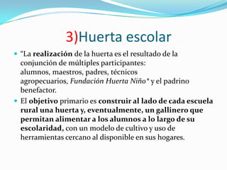 3)Huerta escolar
 “La realización de la huerta es el resultado de la
  conjunción de múltiples participantes:
  alumnos, maestros, padres, técnicos
  agropecuarios, Fundación Huerta Niño* y el padrino
  benefactor.
 El objetivo primario es construir al lado de cada escuela
  rural una huerta y, eventualmente, un gallinero que
  permitan alimentar a los alumnos a lo largo de su
  escolaridad, con un modelo de cultivo y uso de
  herramientas cercano al disponible en sus hogares.
 