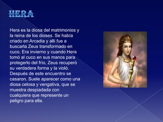 Hera es la diosa del matrimonios y
la reina de los dioses. Se había
criado en Arcadia y allí fue a
buscarla Zeus transformado en
cuco. Era invierno y cuando Hera
tomó al cuco en sus manos para
protegerlo del frío, Zeus recuperó
su verdadera forma y la violó.
Después de este encuentro se
casaron. Suele aparecer como una
diosa celosa y vengativa, que se
muestra despiadada con
cualquiera que represente un
peligro para ella.
 