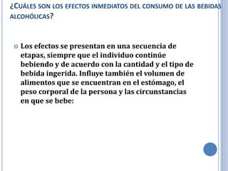¿CUÁLES SON LOS EFECTOS INMEDIATOS DEL CONSUMO DE LAS BEBIDAS
ALCOHÓLICAS?



    Los efectos se presentan en una secuencia de
     etapas, siempre que el individuo continúe
     bebiendo y de acuerdo con la cantidad y el tipo de
     bebida ingerida. Influye también el volumen de
     alimentos que se encuentran en el estómago, el
     peso corporal de la persona y las circunstancias
     en que se bebe:
 