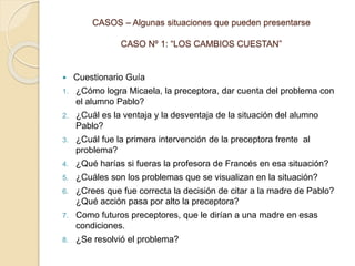 CASOS – Algunas situaciones que pueden presentarse
CASO Nº 1: “LOS CAMBIOS CUESTAN”
 Cuestionario Guía
1. ¿Cómo logra Micaela, la preceptora, dar cuenta del problema con
el alumno Pablo?
2. ¿Cuál es la ventaja y la desventaja de la situación del alumno
Pablo?
3. ¿Cuál fue la primera intervención de la preceptora frente al
problema?
4. ¿Qué harías si fueras la profesora de Francés en esa situación?
5. ¿Cuáles son los problemas que se visualizan en la situación?
6. ¿Crees que fue correcta la decisión de citar a la madre de Pablo?
¿Qué acción pasa por alto la preceptora?
7. Como futuros preceptores, que le dirían a una madre en esas
condiciones.
8. ¿Se resolvió el problema?
 