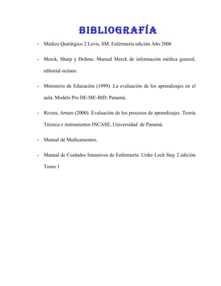 bIblIOGrafía
                          BIBLIOGRAFÍA


- Médico Quirúrgico 2 Levis, SM. Enfermería edición Año 2006


- Merck, Sharp y Dohme. Manual Merck de información médica general,

   editorial océano.


- Ministerio de Educación (1999) .La evaluación de los aprendizajes en el

   aula. Modelo Pro DE-ME-BID. Panamá.


- Rivera, Arturo (2000). Evaluación de los procesos de aprendizajes. Teoría

   Técnica e instrumentos INCASE, Universidad de Panamá.


- Manual de Medicamentos.


- Manual de Cuidados Intensivos de Enfermería. Urder Loch Stay 2 edición

   Tomo 1
 