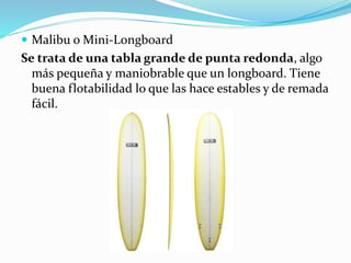  Malibu o Mini-Longboard
Se trata de una tabla grande de punta redonda, algo
más pequeña y maniobrable que un longboard. Tiene
buena flotabilidad lo que las hace estables y de remada
fácil.
 