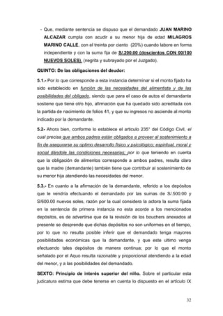 32 
- Que, mediante sentencia se dispuso que el demandado JUAN MARINO ALCAZAR cumpla con acudir a su menor hija de edad MI...