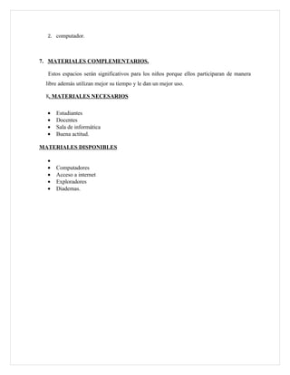 2. computador.



7. MATERIALES COMPLEMENTARIOS.

  Estos espacios serán significativos para los niños porque ellos participaran de manera
 libre además utilizan mejor su tiempo y le dan un mejor uso.

 8. MATERIALES NECESARIOS

  •   Estudiantes
  •   Docentes
  •   Sala de informática
  •   Buena actitud.

MATERIALES DISPONIBLES

  •
  •   Computadores
  •   Acceso a internet
  •   Exploradores
  •   Diademas.
 