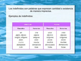 Los indefinidos son palabras que expresan cantidad o existencia
de manera imprecisa.
Ejemplos de indefinidos:
 