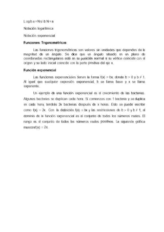 L og b a = N s 1 b N = a
Notación loqantrmca
Notación exponencial
Funciones Trigonometricas
Las funciones tngonométncas son valores sin unidades que dependen de la
magnitud de un ángulo Se dice que un ángulo situado en un plano de
coordenadas rectangulares está en su posroón normal s¡ su vértice comcoe con el
origen y su lado rucral comooe con la parte cosmva del ete x
Función exponencial
Las funciones exponenciales tienen la forma f(x) = bx, donde b > O y b f. 1
Al igual que cualquier expresión exponencial, b se llama base y x se llama
exponente
Un ejemplo de una función exponencial es el crecememc de las bacteres
Algunas bacterias se duplican cada hora S1 comienzas con 1 bactena y se duplica
en cada hora, tendrás 2x bacterias después de x horas Esto se puede escebu
como l(x) = 2x Con la oeñncoo f(x) = bx y las restococnes de b > O y b f. 1, el
oomrmo de la función exponencial es el connmto de todos los números reales El
rango es el conjunto de todos los números reales cosmvos La siguiente gráfica
muestraf(x) = 2x
 