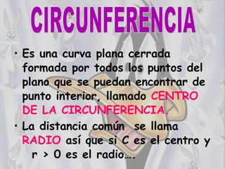Es una curva plana cerrada formada por todos los puntos del plano que se puedan encontrar de punto interior, llamado  CENTRO DE LA CIRCUNFERENCIA.  La distancia común  se llama  RADIO  así que si C es el centro y  r > 0 es el radio….   CIRCUNFERENCIA 
