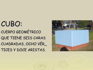CUBO: CUERPO GEOMÉTRICO QUE TIENE SEIS CARAS CUADRADAS, OCHO VÉR_ TICES Y DOCE ARISTAS. 