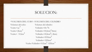 SOLUCION:
*VOLUMEN DEL CUBO –VOLUMEN DEL CILINDRO
Volumen del cubo: Volumen del cilindro:
Vcubo=(a) Vcilindro=Πr h
Vcubo=(8cm) Vcilindro=Π(2cm) (8cm)
Vcubo= 512cm Vcilindro=Π(4cm ) (8cm)
Vcilindro=Π32cm
Vcilindro=32Πcm
Vcubo-Vcilindro=512cm -32Πcm
3
3
3
2
2
2
3
3
3 3
 
