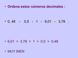 • Ordena estos números decimales :

• 0, 48

-

0,5 - 1 - 6,01 - 3,78 .

• 6,01 > 3,78 > 1 > 0,5 > 0,48
• MUY BIEN

 