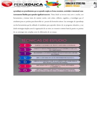 aprendizaje son procedimientos que un aprendiz emplea en forma consciente, controlada e intencional como 
instrumentos flexibles para aprender significativamente . Vistas desde un terreno más corto o escolar, son 
herramientas y técnicas tanto de carácter escrito, oral, crítico, reflexivo, cognitivo, y tecnológico que el 
estudiante pone en práctica para desarrollar un proceso de formación exitoso. Las estrategias de aprendizaje 
son las herramientas que ha utilizado el estudiante para aprender dentro de un programa educativo, y van 
desde estrategias simples como la organización de un texto, un resumen o síntesis hasta la puesta en práctica 
de un estrategia más compleja como la elaboración de un ensayo. 
 