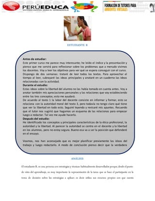 ESTUDIANTE B 
Antes de estudiar: 
Este primer curso me parece muy interesante; he leído el índice y la presentación y 
pienso que me servirá para reflexionar sobre los problemas que a menudo vivimos 
los docentes. Voy a leer los objetivos para ver qué se espera conseguir con el curso. 
Dispongo de dos semanas: trataré de leer todos los textos. Para aprovechar el 
tiempo al leer, subrayaré las ideas principales y anotaré en un cuaderno las ideas 
relacionadas con la actividad. 
Durante el estudio: 
Estas ideas sobre la libertad del alumno no las había tomado en cuenta antes. Voy a 
anotar también mis apreciaciones personales y las relaciones que voy estableciendo 
entre los tres conceptos; esto me ayudará. 
De acuerdo al texto 1 la labor del docente consiste en informar y formar, esto se 
relaciona con la autoridad moral del texto 3, pero todavía no tengo claro qué tiene 
que ver la libertad en todo esto. Seguiré leyendo y revisaré mis apuntes. Recuerdo 
que el tutor nos sugirió que hagamos un esquema de las relacionas para empezar 
luego a redactar. Tal vez me ayude hacerlo. 
Después del estudio: 
He identificado los conceptos y principales características de la ética profesional, la 
autoridad y la libertad. Al parecer la autoridad se centra en el docente y la libertad 
en los alumnos, pero no estoy segura. Bueno esa va a ser la posición que defenderé 
en el ensayo. 
Veamos, nos han aconsejado que es mejor planificar previamente las ideas del 
trabajo y luego redactarlo. A modo de conclusión pienso decir que la verdadera 
autoridad moral nace del ejercicio de la ética profesional y favorece el desarrollo de 
la auténtica libertad del estudiante y daré algunas recomendaciones (aunque en la 
actividad no lo solicitan). 
ANÁLISIS 
Redactaré el ensayo; pienso que demuestro con claridad la comprensión de los tres 
conceptos solicitados. He aprendido mucho, he puesto mi mejor esfuerzo y espero 
llevar a mi práctica profesional todo esto. 
El estudiante B, es una persona con estrategias y técnicas habitualmente desarrollados porque, desde el punto 
de vista del aprendizaje, es muy importante la representación de la tarea que se hace el participante en la 
toma de decisión sobre las estrategias a aplicar; es decir utiliza sus recursos propios con que cuenta 
mi práctica profesional todo esto. 
 