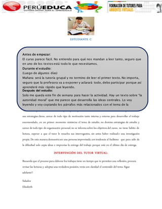 ESTUDIANTE C 
Antes de empezar: 
El curso parece fácil. No entiendo para qué nos mandan a leer tanto, seguro que 
en uno de los textos está todo lo que necesitamos. 
Durante el estudio: 
(Luego de algunos días) 
Mañana será la tutoría grupal y no termino de leer el primer texto. No importa, 
seguro que la profesora va a exponer y aclarará todo, debo participar porque así 
aprenderé más rápido que leyendo. 
Después del estudio: 
Solo me queda este fin de semana para hacer la actividad. Hay un texto sobre “la 
autoridad moral” que me parece que desarrolla las ideas centrales. Lo voy 
leyendo y voy copiando los párrafos ANÁLISIS 
más relacionados con el tema de la 
actividad. Estas oraciones suenan bien y parecen interesantes; incluiré alguna 
opinión personal y… ¡listo! 
Se observa que el estudiante C es un participante que no tiene un hábito de estudio adecuado, por tanto no 
usa estrategias claras, carece de todo tipo de motivación tanto interna y externa para desarrollar el trabajo 
encomendado, en un primer momento minimiza el tema de estudio, no domina estrategias de estudio y 
carece de todo tipo de organización personal, no se informa sobre los objetivos del curso, no tiene hábito de 
lectura, esperar a que el tutor le resuelva sus interrogantes, sin antes haber realizado una investigación 
propia. De esta manera demuestra ser una persona improvisada con tendencia al facilismo que para salir de 
la dificultad solo copia ideas e improvisa la entrega del trabajo porque está en el último día de entrega. 
INTERVENCIÓN DEL TUTOR VIRTUAL: 
Recuerda que el proceso para elaborar los trabajos tiene un tiempo que te permiten una reflexión, procura 
revisar las lecturas y adoptar una verdadera posición, verás con claridad el contenido del tema. Sigue 
adelante!! 
Saludos 
Elizabeth 
 