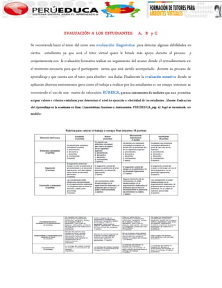 EVALUACIÓN A LOS ESTUDIANTES: A, B y C 
Se recomienda hacer al inicio del curso una evaluación diagnóstica para detectar algunas debilidades en 
ciertos estudiantes ya que será el tutor virtual quien le brinde más apoyo durante el proceso y 
conjuntamente con la evaluación formativa realizar un seguimiento del avance donde el retroalimentará en 
el momento necesario para que el participante sienta que está siendo acompañado durante su proceso de 
aprendizaje y que cuenta con el tutor para absolver sus dudas .Finalmente la evaluación sumativa donde se 
aplicarán diversos instrumentos ;pero como el trabajo a realizar por los estudiantes es un ensayo entonces se 
recomiendo el uso de una matriz de valoración: RÚBRICA, que son instrumentos de medición que nos permiten 
asignar valores o criterios estándares para determinar el nivel de ejecución o efectividad de los estudiantes. (Fuente: Evaluación 
del Aprendizaje en la enseñanza en línea: Características, funciones e instrumentos. PERÚEDUCA, pág. 4). Aquí se recomienda un 
modelo: 
 