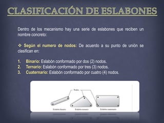Dentro de los mecanismo hay una serie de eslabones que reciben un
nombre concreto:
 Según el numero de nodos: De acuerdo a su punto de unión se
clasifican en:
1. Binario: Eslabón conformado por dos (2) nodos.
2. Ternario: Eslabón conformado por tres (3) nodos.
3. Cuaternario: Eslabón conformado por cuatro (4) nodos.
 