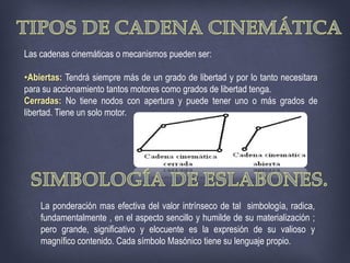 Las cadenas cinemáticas o mecanismos pueden ser:
•Abiertas: Tendrá siempre más de un grado de libertad y por lo tanto necesitara
para su accionamiento tantos motores como grados de libertad tenga.
Cerradas: No tiene nodos con apertura y puede tener uno o más grados de
libertad. Tiene un solo motor.
La ponderación mas efectiva del valor intrínseco de tal simbología, radica,
fundamentalmente , en el aspecto sencillo y humilde de su materialización ;
pero grande, significativo y elocuente es la expresión de su valioso y
magnífico contenido. Cada símbolo Masónico tiene su lenguaje propio.
 