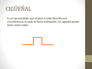 CIGÜEÑAL
Es un eje acordado, que al girar el codo describe una
circunferencia, el codo se llama muñequillo. Un cigüeñal puede
tener varios codos
 