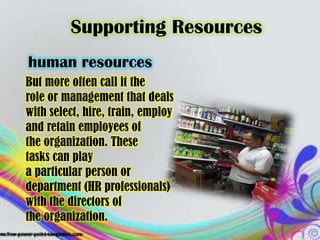 Supporting Resources
human resources
But more often call it the
role or management that deals
with select, hire, train, employ
and retain employees of
the organization. These
tasks can play
a particular person or
department (HR professionals)
with the directors of
the organization.
 