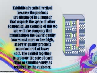 Exhibition is called vertical
       because the products
    are displayed in a manner
 that respects the space of other
companies. An example of this we
    see with the company that
 manufactures the GYPSY quality
  loaves cost more or less high,
     as lower quality products
      manufactured at lower
    cost. The exhibit together
   to promote the sale of each
    other or simultaneously as
    required by the customer.
 