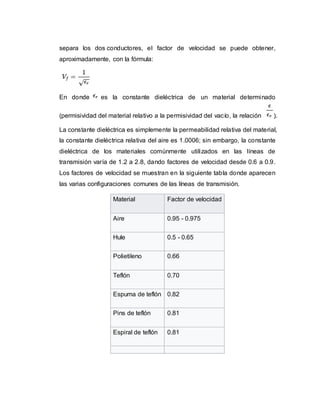 separa los dos conductores, el factor de velocidad se puede obtener,
aproximadamente, con la fórmula:
En donde es la constante dieléctrica de un material determinado
(permisividad del material relativo a la permisividad del vacío, la relación ).
La constante dieléctrica es simplemente la permeabilidad relativa del material,
la constante dieléctrica relativa del aire es 1.0006; sin embargo, la constante
dieléctrica de los materiales comúnmente utilizados en las líneas de
transmisión varía de 1.2 a 2.8, dando factores de velocidad desde 0.6 a 0.9.
Los factores de velocidad se muestran en la siguiente tabla donde aparecen
las varias configuraciones comunes de las líneas de transmisión.
Material Factor de velocidad
Aire 0.95 - 0.975
Hule 0.5 - 0.65
Polietileno 0.66
Teflón 0.70
Espuma de teflón 0.82
Pins de teflón 0.81
Espiral de teflón 0.81
 