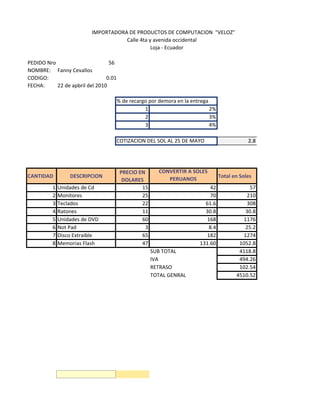 IMPORTADORA DE PRODUCTOS DE COMPUTACION "VELOZ"
                                     Calle 4ta y avenida occidental
                                                Loja - Ecuador

PEDIDO Nro                       56
NOMBRE: Fanny Cevallos
CODIGO:                         0.01
FECHA:     22 de apbril del 2010

                                   % de recargo por demora en la entrega
                                              1                          2%
                                              2                          3%
                                              3                          4%

                                   COTIZACION DEL SOL AL 25 DE MAYO                       2.8




                                       PRECIO EN       CONVERTIR A SOLES
CANTIDAD          DESCRIPCION                                                 Total en Soles
                                        DOLARES           PERUANOS
          1   Unidades de Cd                   15                        42               57
          2   Monitores                        25                        70              210
          3   Teclados                         22                      61.6              308
          4   Ratones                          11                      30.8             30.8
          5   Unidades de DVD                  60                      168             1176
          6   Not Pad                            3                      8.4             25.2
          7   Disco Extraible                  65                      182             1274
          8   Memorias Flash                   47                    131.60           1052.8
                                                     SUB TOTAL                        4118.8
                                                     IVA                              494.26
                                                     RETRASO                          102.54
                                                     TOTAL GENRAL                    4510.52
 