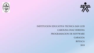 INSTITUCION EDUCATIVA TECNICA SAN LUIS
CAROLINA DIAZ HEREDIA
PROGRAMACION DE SOFTWARE
GARAGOA
BOYACA
2019
 
