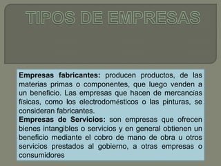 Empresas fabricantes: producen productos, de las
materias primas o componentes, que luego venden a
un beneficio. Las empresas que hacen de mercancías
físicas, como los electrodomésticos o las pinturas, se
consideran fabricantes.
Empresas de Servicios: son empresas que ofrecen
bienes intangibles o servicios y en general obtienen un
beneficio mediante el cobro de mano de obra u otros
servicios prestados al gobierno, a otras empresas o
consumidores
 