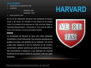 DATOS HISTORICOS
   FUNDACIÓN: 8 de septiembre de 1636
   ALUMNADO:
                         PREGRADO: 6650
                         POSGRADO: 13000
   PLANA DOCENTE: 2330

Es una de las instituciones educativas más prestigiosas de Estados
Unidos y del mundo. Se considera la más antigua de los Estados
Unidos. Fue fundada el 8 de septiembre de 1636 como New College en
Cambridge (Massachusetts), y rebautizada el 13 de marzo de 1639, en
honor a John Harvard, uno de sus principales mecenas.
MISIÓN

La Universidad de Harvard no tiene una misión declarada
formalmente a nivel institucional. Sus acciones educativas son
guiadas con base a los estatutos de su fundación, uno de los
cuales hace referencia a que la institución ha de construir
conocimiento, generar apertura por parte de los estudiantes a
ese conocimiento y coadyuvar a que obtengan los mayores
beneficios de las oportunidades de educación a las que están
expuestos.



http://es.wikipedia.org/wiki/Universidad_de_Harvard
 