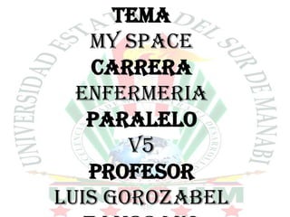 TEMA
My space
CARRERA
Enfermeria
PARALELO
v5
PROFESOR
Luis Gorozabel
 
