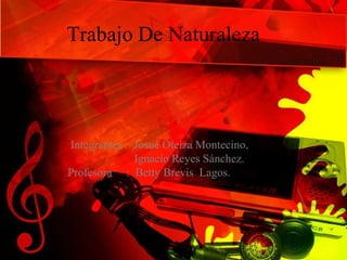 Trabajo De Naturaleza




Integrantes : Josué Oteiza Montecino,
              Ignacio Reyes Sánchez.
Profesora : Betty Brevis Lagos.
 