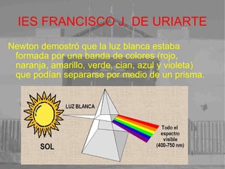 IES FRANCISCO J. DE URIARTE Newton demostró que la luz blanca estaba formada por una banda de colores (rojo, naranja, amarillo, verde, cian, azul y violeta) que podían separarse por medio de un prisma.  