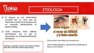  El dengue es una enfermedad
causada por un virus que se
transmite a través de la picadura de
un mosquito perteneciente al
género Aedes.
 Este mosquito tiene hábitos
domiciliarios, por lo que la
transmisión es predominantemente
doméstica
ETIOLOGIA
Como vector secundario se encuentra el:
vector Aedes albopictu, ampliamente distribuido en
Asia y en el Pacífico.
El dengue, es también conocido como fiebre de Dandy,
fiebre de los siete días o fiebre rompe huesos
 