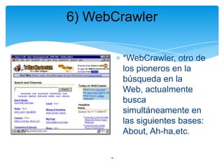 6) WebCrawler
*WebCrawler, otro de
los pioneros en la
búsqueda en la
Web, actualmente
busca
simultáneamente en
las siguientes bases:
About, Ah-ha,etc.
14

 