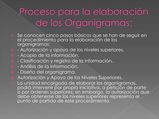    Se conocen cinco pasos básicos que se han de seguir en
    el procedimiento para la elaboración de los
    organigramas:
   - Autorización y apoyo de los niveles superiores.
   - Acopio de la información.
   - Clasificación y registro de la información.
   - Análisis de la información.
   - Diseño del organigrama
   Autorización y Apoyo de los Niveles Superiores.
   La unidad encargada de elaborar los organigramas,
    podrá intervenir por propia iniciativa, a petición de parte
    o por órdenes superiores; sin embargo, la autorización que
    debe obtenerse de los niveles superiores representa el
    punto de partida de este procedimiento.
 