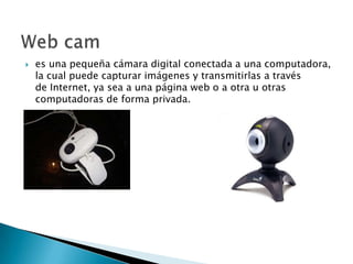 es una pequeña cámara digital conectada a una computadora, la cual puede capturar imágenes y transmitirlas a través de Internet, ya sea a una página web o a otra u otras computadoras de forma privada.Web cam