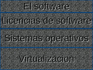 El softwareEl softwareEl softwareEl software
Sistemas operativosSistemas operativosSistemas operativosSistemas operativos
Licencias de softwareLicencias de softwareLicencias de softwareLicencias de software
VirtualizacionVirtualizacionVirtualizacionVirtualizacion
 