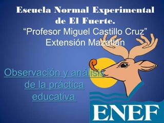 Escuela Normal Experimental
           de El Fuerte.
   “Profesor Miguel Castillo Cruz”
         Extensión Mazatlán


Observación y análisis
   de la práctica
     educativa.
 