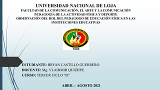 UNIVERSIDAD NACIONAL DE LOJA
FACULTAD DE LA COMUNICACIÓN, ELARTE Y LA COMUNICACIÓN
PEDAGOGÍA DE LAACTIVIDAD FÍSICA Y DEPORTE
OBSERVACIÓN DEL ROL DEL PEDAGOGO DE EDUCACIÓN FÍSICA EN LAS
INSTITUCIONES EDUCATIVAS
ESTUDIANTE: BRYAN CASTILLO GUERRERO.
DOCENTE: Mg. VLADIMIR QUIZHPE.
CURSO: TERCER CICLO “B”
ABRIL – AGOSTO 2021
 