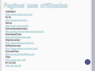 VidtoMp3
http://www.vidtomp3.com/
FlvTo
http://www.flvto.com/
Xenra:
http://www.xenra.com/
Convertaudiotovideo:
http://www.convertvideotoaudio.com/
DownloadTube:
http://downloadtube.org/
ClipConvertor:
http://www.clipconverter.cc/
OnlineConvert
http://www.online-convert.com/
ConvertFiles
http://www.convertfiles.com/
Filsh
http://www.filsh.net/
En.Co.De
http://en.co.de/
 