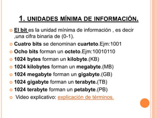 1. UNIDADES MÍNIMA DE INFORMACIÓN.
 El bit es la unidad mínima de información , es decir
,una cifra binaria de (0-1).
 Cuatro bits se denominan cuarteto.Ejm:1001
 Ocho bits forman un octeto.Ejm:10010110
 1024 bytes forman un kilobyte.(KB)
 1024 kilobytes forman un megabyte.(MB)
 1024 megabyte forman un gigabyte.(GB)
 1024 gigabyte forman un terabyte.(TB)
 1024 terabyte forman un petabyte.(PB)
 Video explicativo: explicación de términos.
 