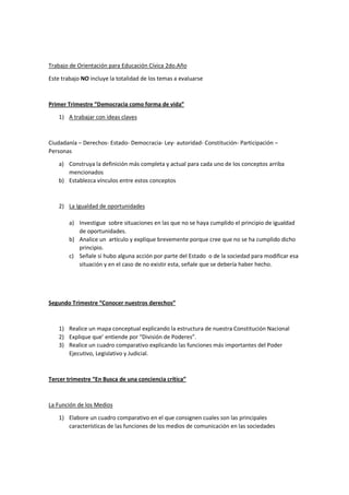 Trabajo de Orientación para Educación Cívica 2do.Año
Este trabajo NO incluye la totalidad de los temas a evaluarse
Primer Trimestre “Democracia como forma de vida”
1) A trabajar con ideas claves
Ciudadanía – Derechos- Estado- Democracia- Ley- autoridad- Constitución- Participación –
Personas
a) Construya la definición más completa y actual para cada uno de los conceptos arriba
mencionados
b) Establezca vínculos entre estos conceptos
2) La Igualdad de oportunidades
a) Investigue sobre situaciones en las que no se haya cumplido el principio de igualdad
de oportunidades.
b) Analice un artículo y explique brevemente porque cree que no se ha cumplido dicho
principio.
c) Señale si hubo alguna acción por parte del Estado o de la sociedad para modificar esa
situación y en el caso de no existir esta, señale que se debería haber hecho.
Segundo Trimestre “Conocer nuestros derechos”
1) Realice un mapa conceptual explicando la estructura de nuestra Constitución Nacional
2) Explique que’ entiende por “División de Poderes”.
3) Realice un cuadro comparativo explicando las funciones más importantes del Poder
Ejecutivo, Legislativo y Judicial.
Tercer trimestre “En Busca de una conciencia crítica”
La Función de los Medios
1) Elabore un cuadro comparativo en el que consignen cuales son las principales
características de las funciones de los medios de comunicación en las sociedades
 