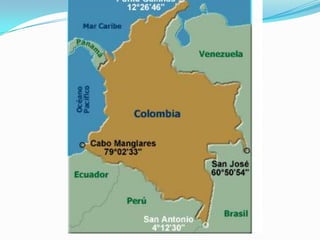 Los Andes se inician a partir del nudo de Los Pastos o de Huaca, al sur del departamento de Nariño y desde este punto se dividen en las cordilleras Occidental y Central. Más al norte, en el Macizo colombiano, de la Cordillera Central nace la Oriental.