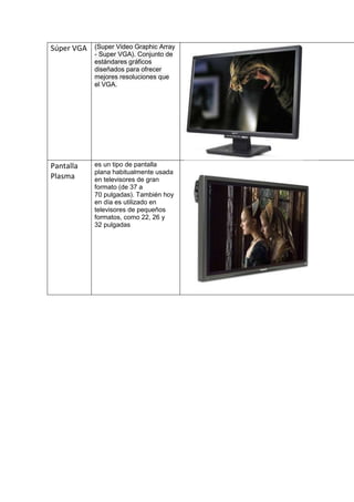Súper VGA   (Super Video Graphic Array
            - Super VGA). Conjunto de
            estándares gráficos
            diseñados para ofrecer
            mejores resoluciones que
            el VGA.




Pantalla    es un tipo de pantalla
            plana habitualmente usada
Plasma      en televisores de gran
            formato (de 37 a
            70 pulgadas). También hoy
            en día es utilizado en
            televisores de pequeños
            formatos, como 22, 26 y
            32 pulgadas
 