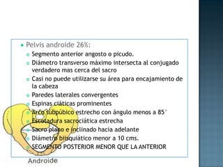    Pelvis androide 26%:
       Segmento anterior angosto o picudo.
       Diámetro transverso máximo intersecta al conjugado
        verdadero mas cerca del sacro
       Casi no puede utilizarse su área para encajamiento de
        la cabeza
       Paredes laterales convergentes
       Espinas ciáticas prominentes
       Arco subpúbico estrecho con ángulo menos a 85°
       Escotadura sacrociática estrecha
       Sacro plano e inclinado hacia adelante
       Diámetro biisquiático menor a 10 cms.
       SEGMENTO POSTERIOR MENOR QUE LA ANTERIOR
 
