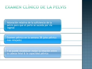 Valoración relativa de la suficiencia de la
pelvis para que el parto se suceda por vía
vaginal



Examen pélvico en la semana 38 (piso pélvico
mas relajado)



Y se puede establecer mejor la relación entre
la cabeza fetal & la capacidad pélvica
 
