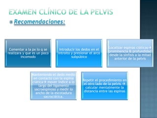 Localizar espinas ciáticas
 Comentar a la px lo q se      Introducir los dedos en el
                                                              prominencia & profundidad
realizara y que es un poco    introito y presionar el arco
                                                              desde la sínfisis a la mitad
         incomodo                      subpúbico
                                                                 anterior de la pelvis



               Manteniendo el dedo medio
                en contacto con la espina
                                              Repetir el procedimiento en
               ciática mover índice a lo
                                               el otro lado de la pelvis 
                   largo del ligamento
                                                calcular mentalmente la
                sacroespinoso y medir lo
                                               distancia entre las espinas
                 ancho de la escotadura
                       sacrociática.
 