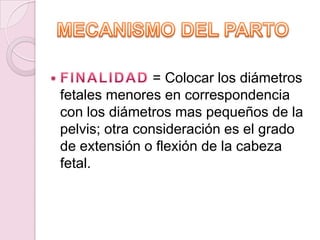 = Colocar los diámetros
fetales menores en correspondencia
con los diámetros mas pequeños de la
pelvis; otra consideración es el grado
de extensión o flexión de la cabeza
fetal.
 