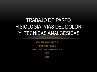 TRABAJO DE PARTO
FISIOLOGIA, VIAS DEL DOLOR
 Y TECNICAS ANALGESICAS
          ADALBERTO PACHECO P
           RESIDENTE NIVEL II
      ANESTESIOLOGIA Y REANIMACION
                  UDC
                  2012
 