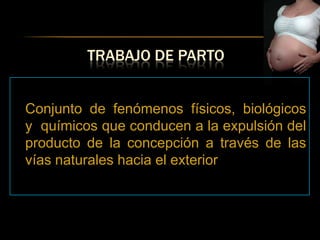 TRABAJO DE PARTO


Conjunto de fenómenos físicos, biológicos
y químicos que conducen a la expulsión del
producto de la concepción a través de las
vías naturales hacia el exterior
 